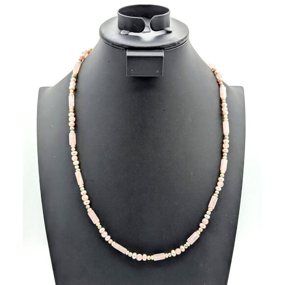 Vintage Pink Quartz Bar Agate Pearl Bead Hook Clasp 24" Necklace - Picture 1 of 7
